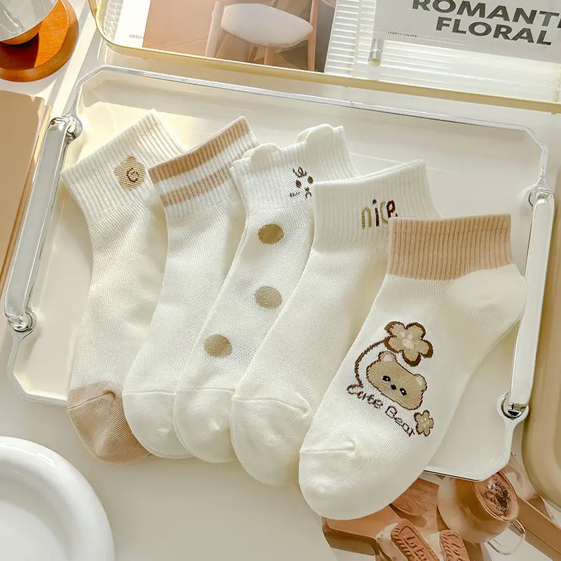 5-Pack Milk White Summer Socks Women's Socks Mesh Breathable Sweat Absorbing Cartoon Bear Autumn Summer Boat Socks Sweet Sports Style Socks Womenswear Lingerie Lady Comfort Maternity Bridal panty