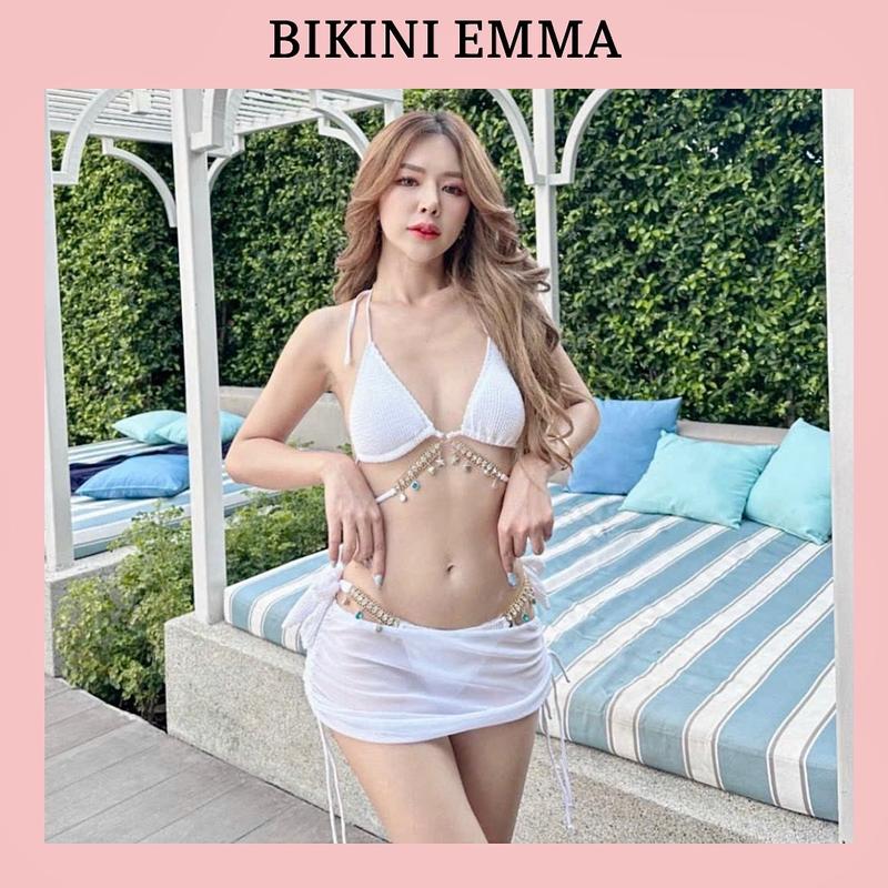 Bikini 3 Món EMMA (Full 5 Màu)Thiết Kế Cao Cấp Phối Phụ Kiện Đính Đá Siêu Sang Gồm 3 Món: áo bikini + quần con + váy quây rút 2 bên