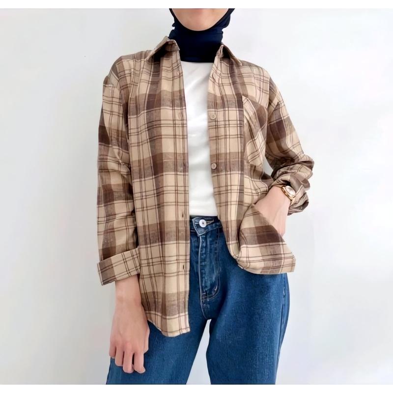 GinCo-Kemeja Flanel Kotak-kotak Pria Wanita Flannel Lengan Panjang 4
