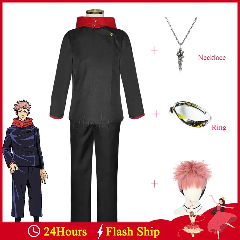 Kostum Cosplay, Anime Jujutsu Kaisen Itadori Yuji, Untuk Lelaki Dewasa, Jaket Biru, Seluar Hitam, Rambut Palsu, Kalung, Sesuai untuk Pesta Seragam dan Halloween