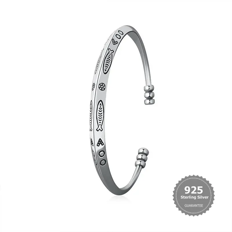 Vòng Tay Hở Đầu, Unisex, Bạc S925, Họa Tiết Chạm Khắc Cổ Điển
