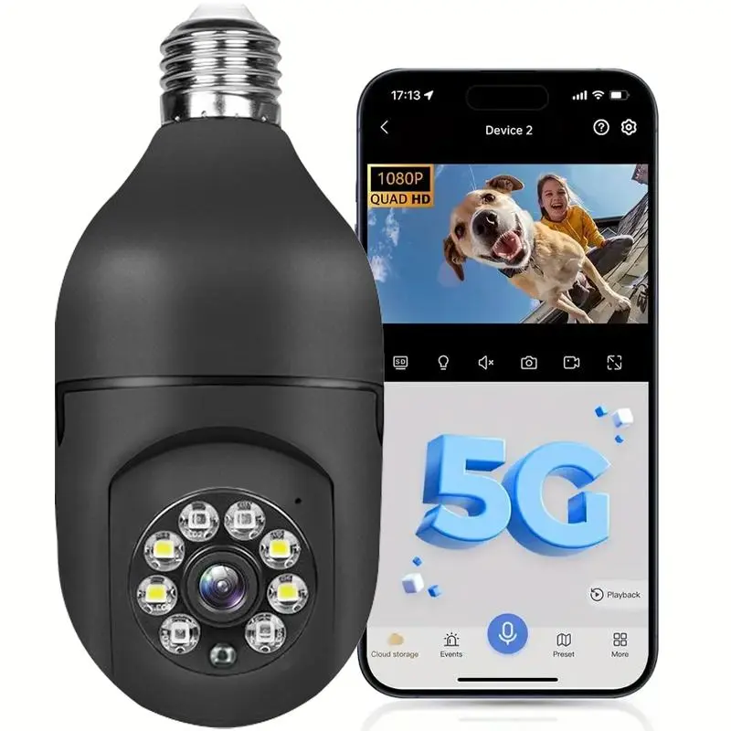 Indoor 5G Dual-band WiFi E27 Bulb Security Camera, 360-Degree Panoramic Outdoor & Indoor Bulb Camera, Light Socket Security Camera with Night Vision, Wireless