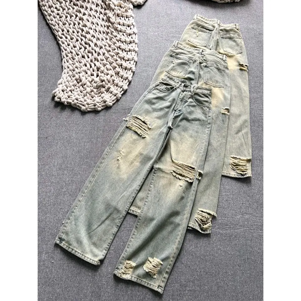 Quần jean suông rách trước sau màu retro mẫu mới vải mềm mát h2d