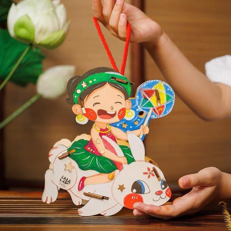 Đèn Trung Thu gỗ tô màu - lồng đèn gỗ bé tô màu (Kèm màu, cọ vẽ - cán) đồ chơi cho bé