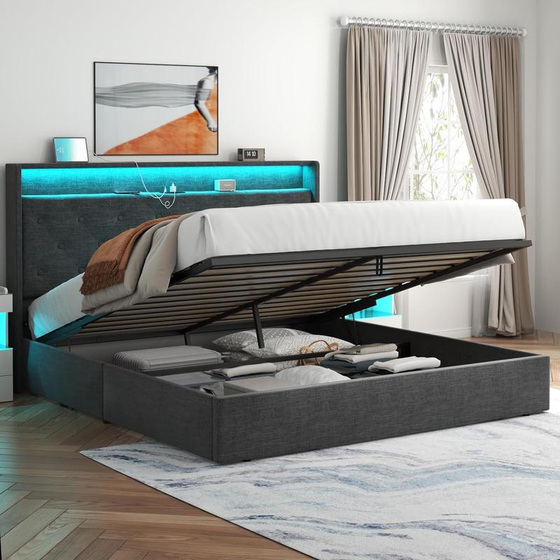 Full, Queen, King Lift Up Bed Frame with Charging Station, LED - TikTok ...