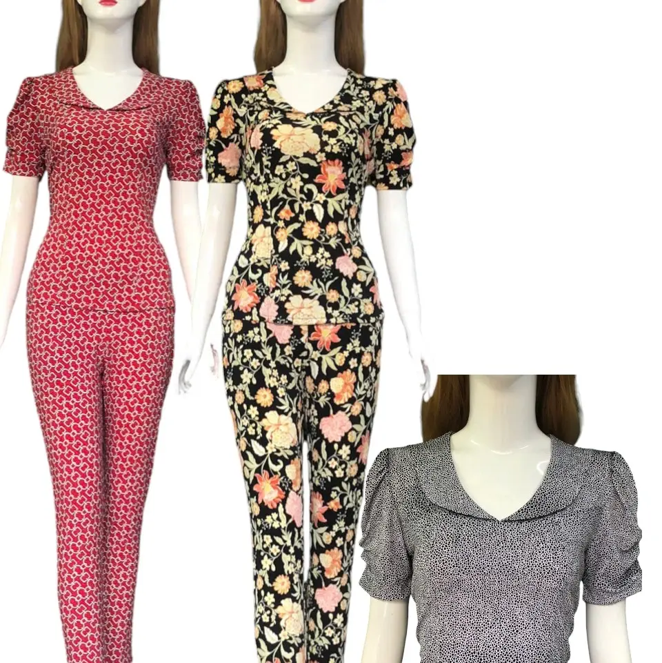 Bộ Nữ Quần Dài Phom Ôm Áo Cổ Tim Tay Nhún Size 45Kg Đến 67Kg Chất Vải Thun Co Giãn 4 Chiều Mềm Mịn Mát - Women, Top