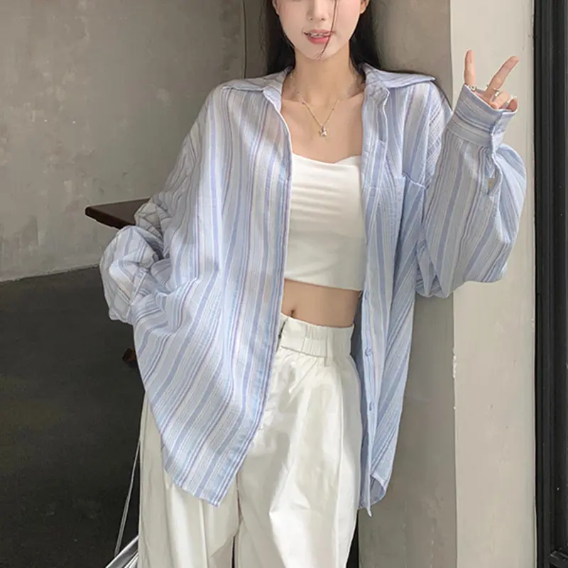 Áo Sơ Mi Dài Tay Cổ Polo Sọc Xanh, Dành Cho Nữ, Mỏng, Thích Hợp Cho Mùa Xuân Và Mùa Thu, Phong Cách Lười Biếng, Chống Nắng Dáng Rộng, Áo Dài Trung Bình Màu Xanh Và Hồng