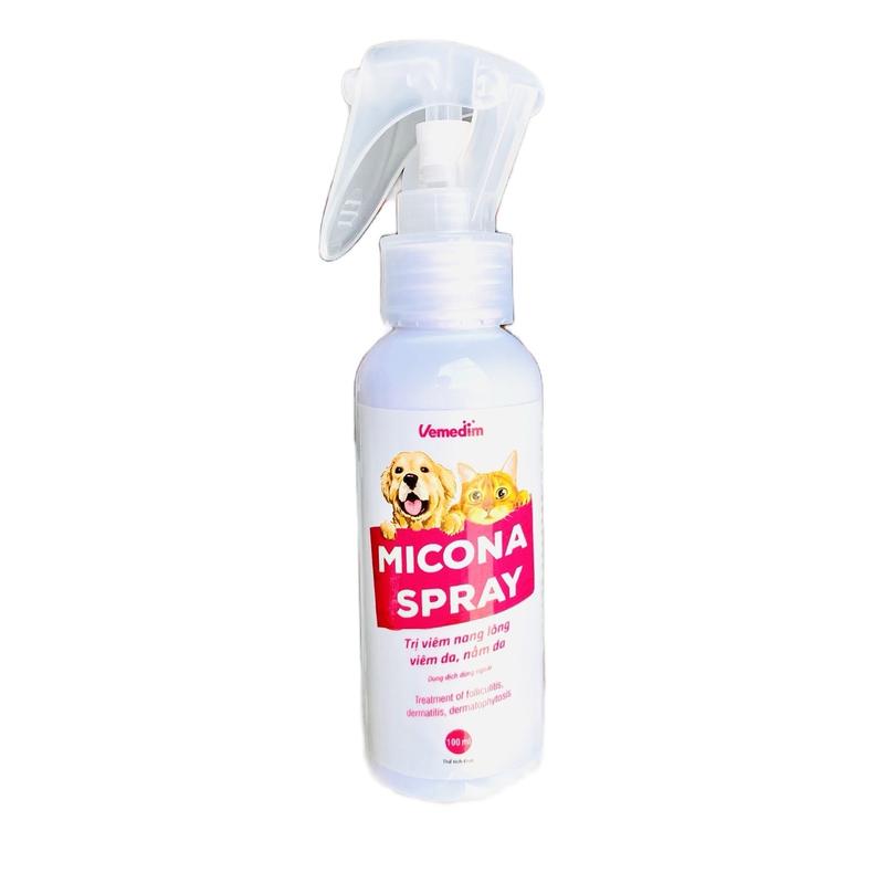 Thuốc xịt Micona Spray chai 100ml - Trị viêm nang lông ngoài da do nấm da hay tổn thương trên bề mặt da nguyên nhân do nấm bong vảy do viêm tuyến bã nhờn trên chó mèo ngựa Xịt trực tiếp trên da 2 lần ngày.