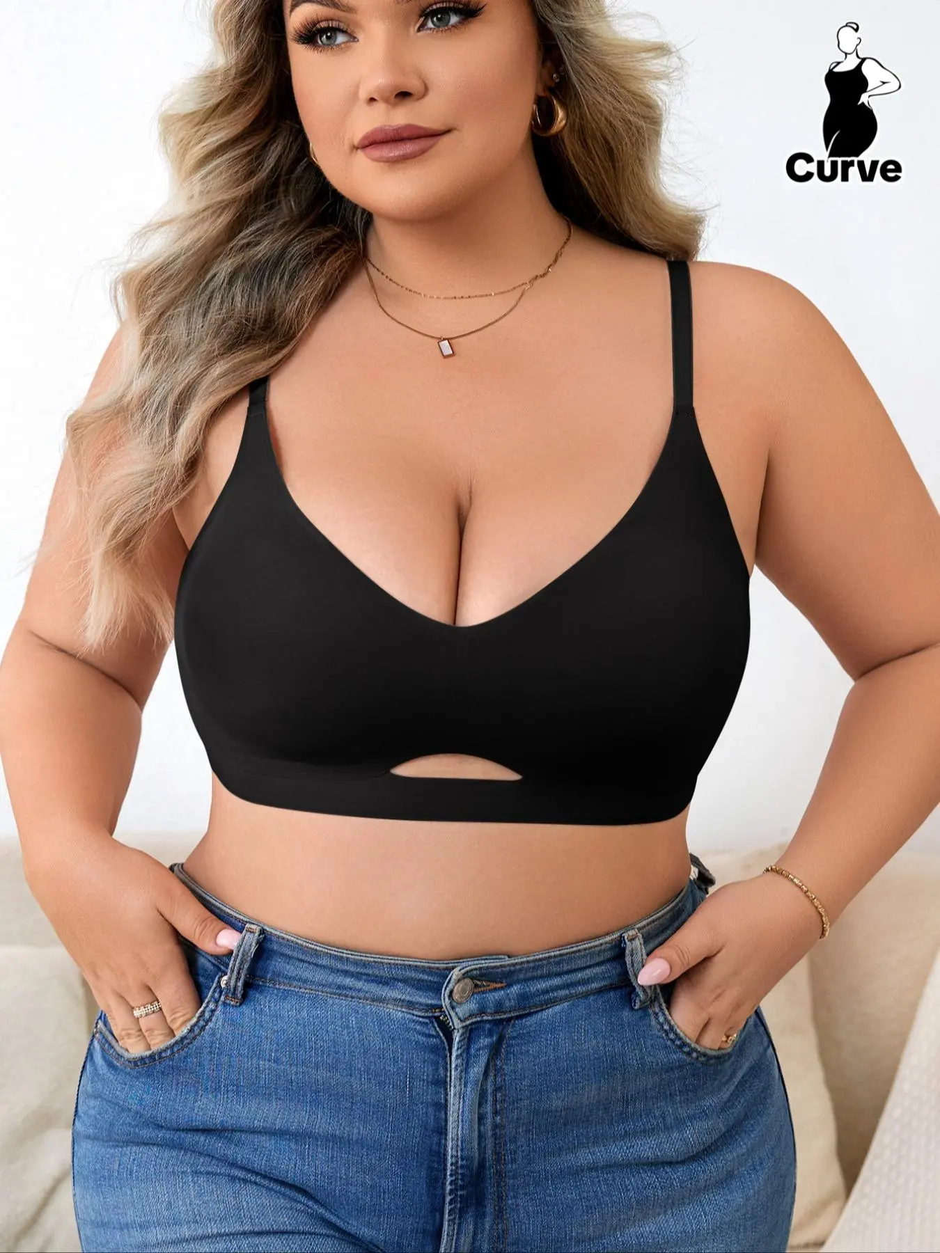 1 Count 【Plus Size】  Women's Hollow Out Sexy Deep V Bra - Knit Seamless, Plain Color, Close-knit Thin Lined Breathable Underwear, Adjustable Shoulder Strap, Suitable for Dress Base Or Casual, Exercise, Everyday Wear