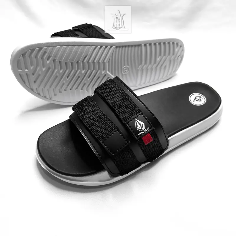 Sandal Slop Volcom Strap Webbing Anti Slip Slippers Sendal Selop Black Pria Karet Shoes Hitam elegant size 39 0