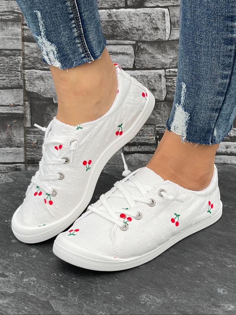 Product Introduction of Women's Cute Cherry Print Lace Up Low Top Sneakers, Casual Comfort Lightweight Sports Shoes, Trendy Outdoor Shoes for Daily Wear for Women & Girls 1