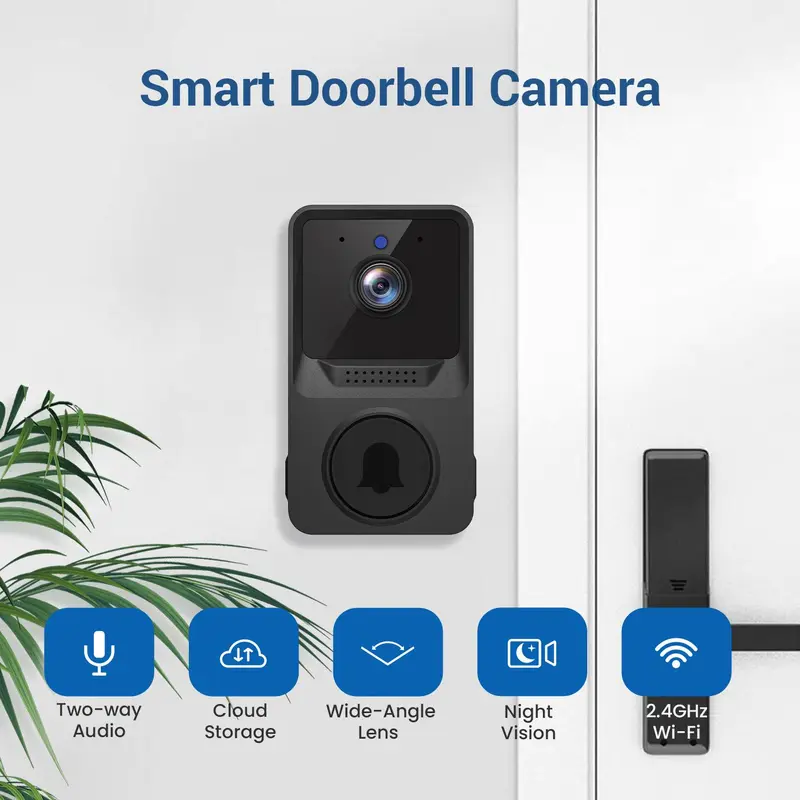 Modern Smart Wireless Doorbell Camera, Outdoor Camera Doorbell with Chime Included, 2-way Audio, Night-Vision, Cloud Storage Service, 2.4G Wi-Fi, Live View, Wireless Video Doorbell, Home Security System, Wifi Smart Doorbell 5