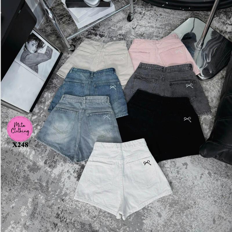 Quần short jeans nữ nhìu màu trơn thiêu nơ trên túi sau Mita Clothing X248 0