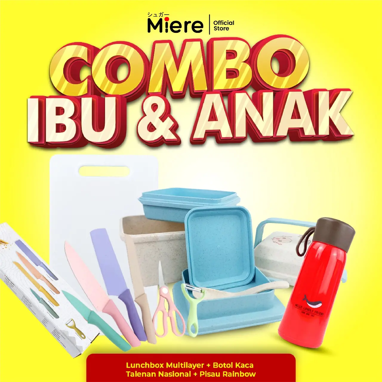 Miere Home - Paket Ibu dan Anak 3in1 Pisau Set Lunch Box Multi Layer dan Botol Kaca 400 ML Talenan 32 cm