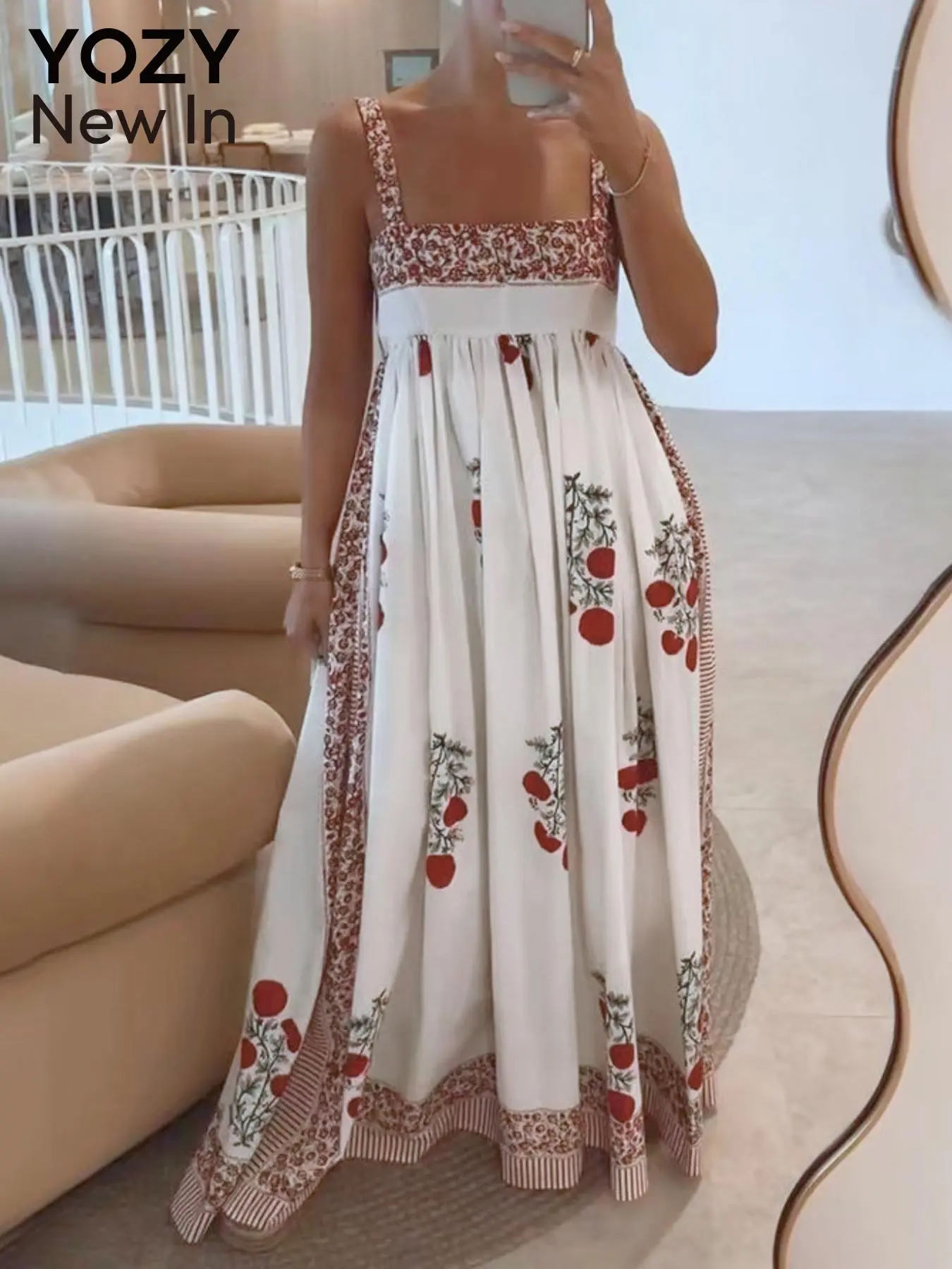 YOZY Women's Fruits & Floral Pattern Cami Dress, Boho Sleeveless Long Dress for Beach Holiday Vacation, Ladies Summer Clothes