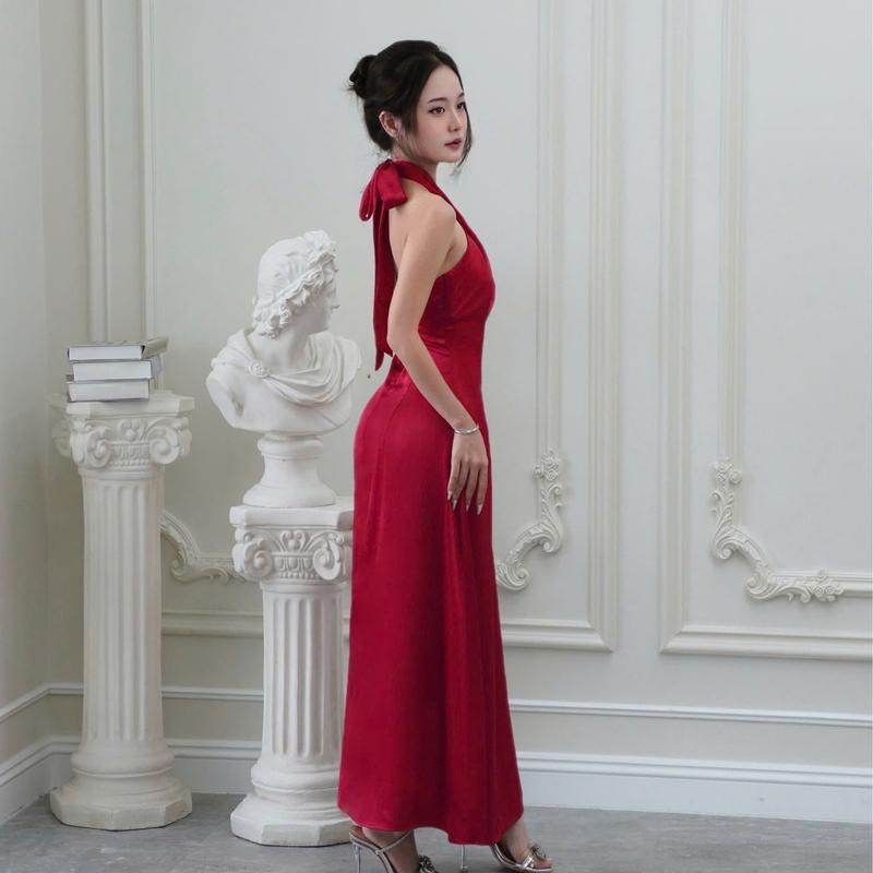 Váy Tiểu Thư Dáng Dài 2 Lớp Thắt Nơ SilkChic 361 Đầm Lụa Dự Tiệc Hở Lưng Cổ Chéo Sang Trọng Nữ Women Dress 4