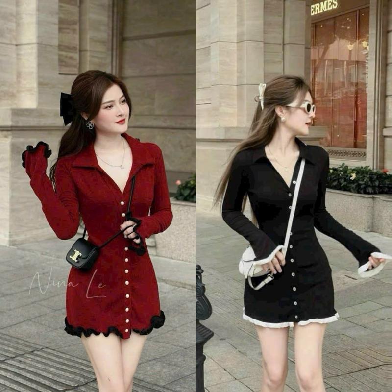 ĐẦM BODY TĂM LẠNH TAY DÀI PHỐI BÈO LAI VÁY VÀ TAY ĐÍNH NÚT 2 Màu như hình Nữ 0