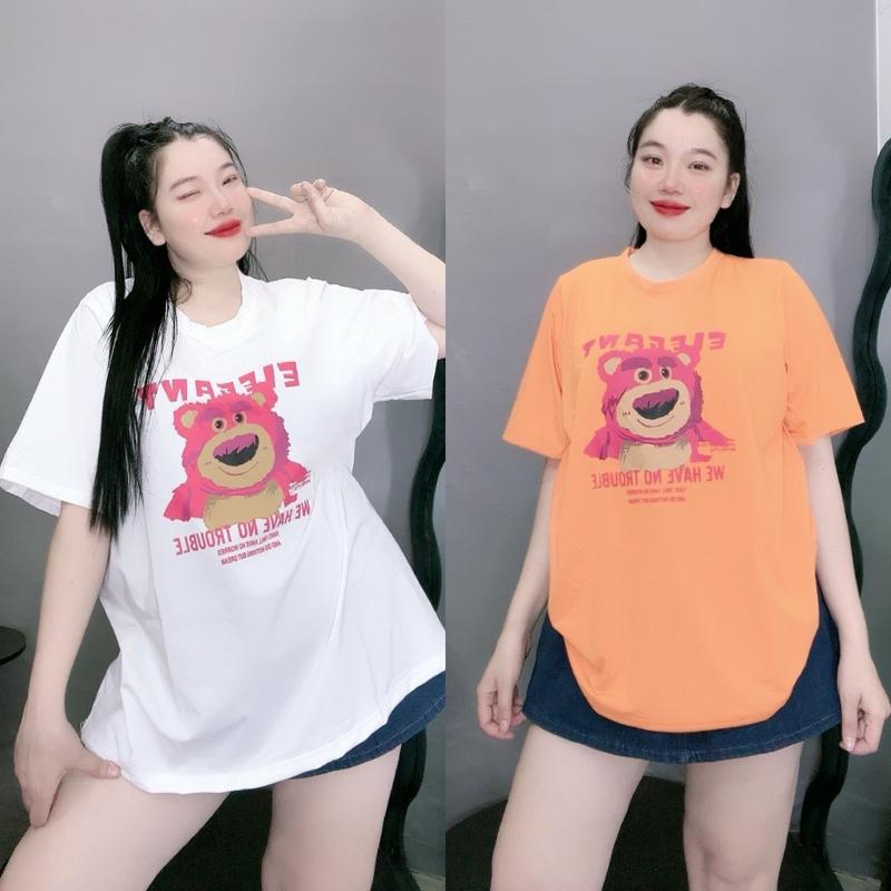 Áo phông tay lỡ fỏm rộng , áo bigsize in GẤU DÂU dễ thương chất cotton không giãn - A58