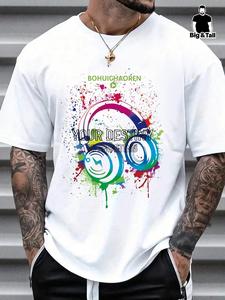 【Plus Size】 Cartoon Headphone & Letter Print Round Neck Tee, Regular Fit Casual Short Sleeve T-shirt for Daily Wear, Men's Clothing for All Seasons