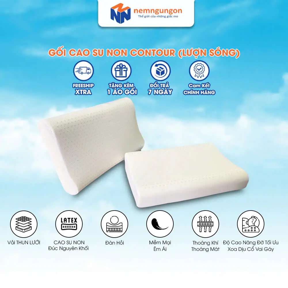 Gối cao su non Kingroll mềm êm nâng đỡ cổ giảm ngủ ngáy thiết kế Contour - Tặng kèm vỏ gối