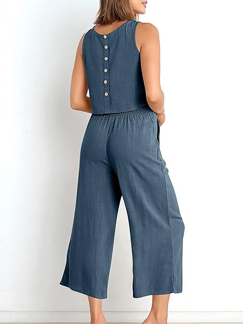 Product Introduction of Two-Piece Set Women's Solid Sleeveless Buttons Tank Top & Elastic Waist Wide Leg Capri Pants Set, Summer Outfits 2024, Casual Round Neck Top & Pocket Trousers Set for Summer, Ladies Clothes for Daily Wear 6