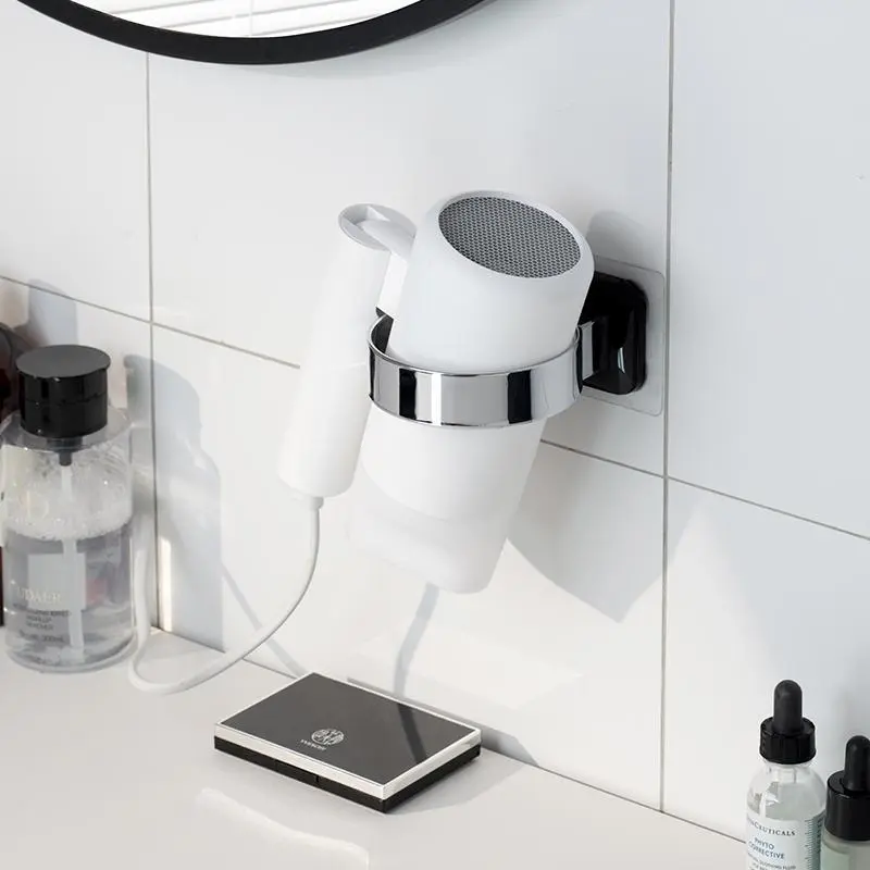 Hair Dryer Holder, 1 Count Wall Mounted Hair Dryer Storage Rack, Punch Free Self Adhesive Hair Dryer Holder, Bathroom Accessories