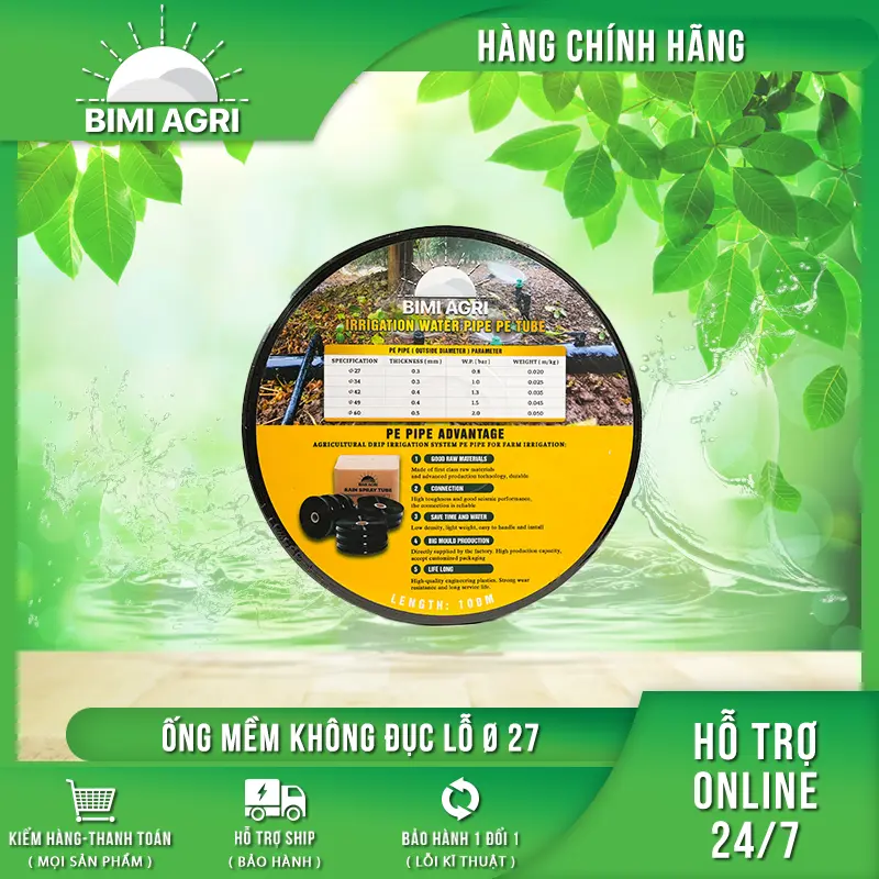 Ống không đục lỗ phi 27 cuộn 100m chính hãng BIMI AGRI gắn béc