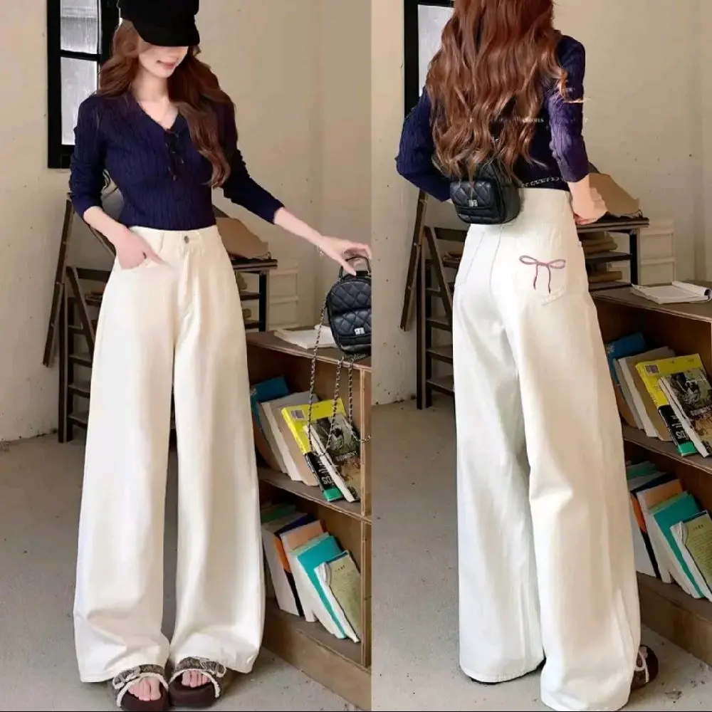 Quần KaKi Jean Nữ Trơn Cạp Cao Màu Trắng Thêu Nơ Hồng Ống Rộng  Siêu Hack Dáng QCJ08