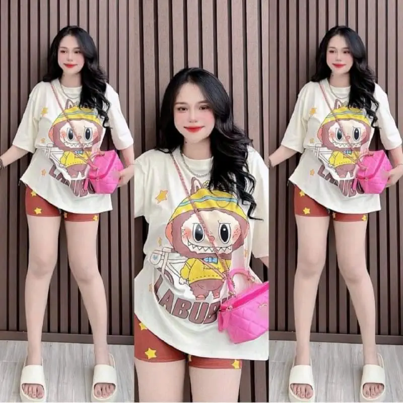 Đồ bộ Labubu thun cotton su 3158 quần đùi short hình in 5D y ảnh free size dưới 65kg nhiều mẫu 2