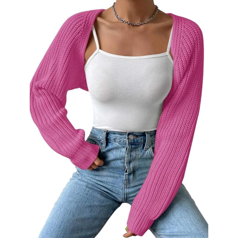 Women's Open Front Cropped Cardigan Long Sleeve Solid Color Ribbed Knit Shrug Sweater Bolero Tops 3