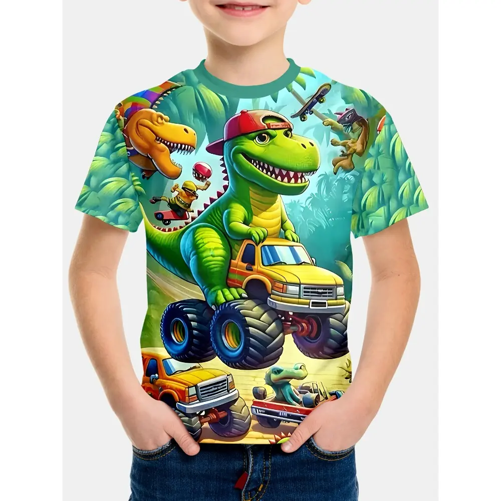 Boys' 3D Dinosaur & Trucks Print T-Shirt, Crew Neck, Short Sleeve, Polyester Knit Fabric, Casual Fit, Summer Top for Kids - Regular Length