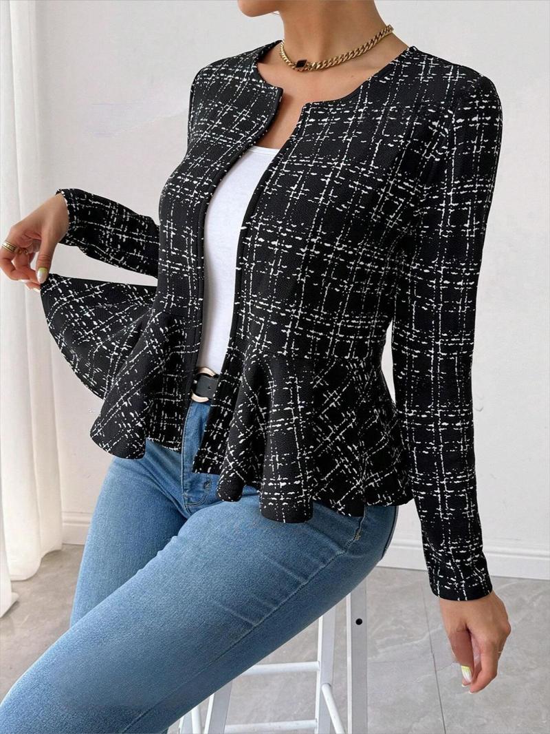 Product Introduction of Women's Plaid Print Ruffle Hem Coat, Casual Long Sleeve Open Front Outerwear for Spring & Fall, Ladies Clothes for Daily Wear 4