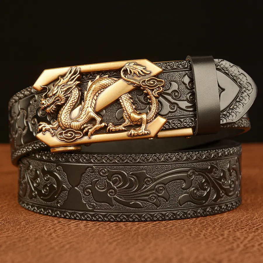 Sabuk Gesper Ikat Pinggang Pria Ukir Kulit Sapi Model Naga Dragon