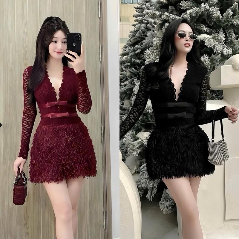 Set đồ nữ áo len ren cổ chữ V tay dài đính nơ phối chân váy lông [Có Lót] với tone 2 màu sang chảnh dành cho các nàng diện đi tiệc, đi chơi