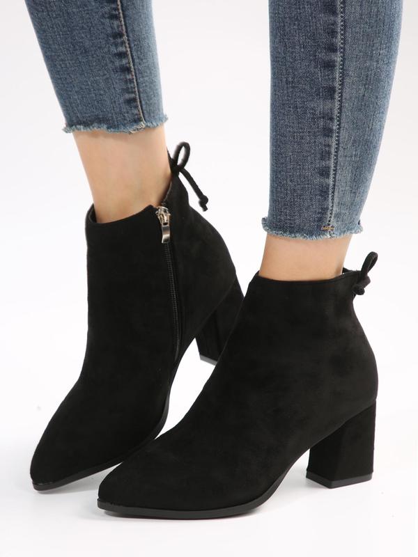 Women's 2023 New Trend Elegant Chunky Heel Tie Ankle Zipper Boots, 1 Pair Fashion All-match Solid Color Ankle Pointed Toe Boots, Thick Heel Short Boots with Fleece for Daily Wear 4