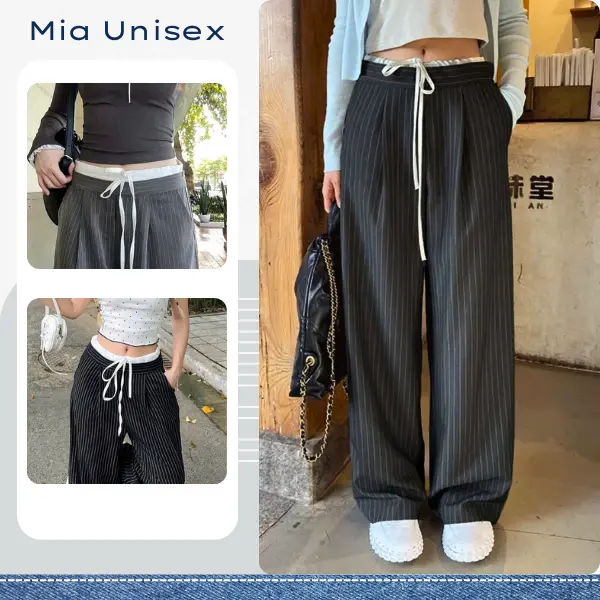 Quần dài nữ kẻ sọc phối cạp chun trắng ống rộng xếp ly MIA QS001