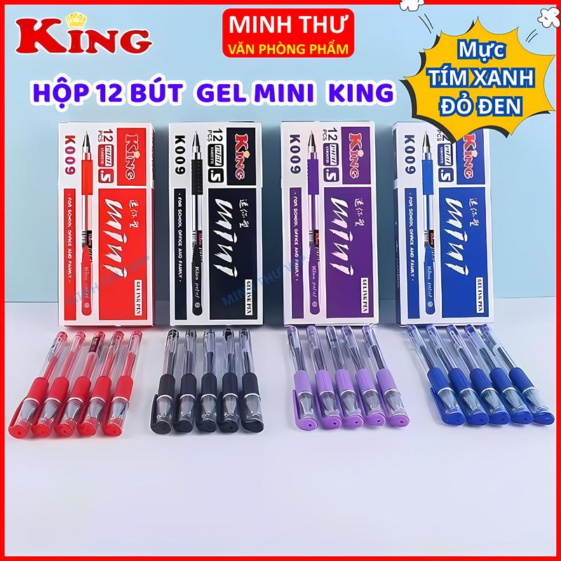 HỘP 12 Cây Bút Gel Mực Nước Mini King K009 Mực Xanh, Đỏ, Tím, Đen Ngòi 0.5mm Nét Mảnh Dành Cho Học Sinh Văn Phòng