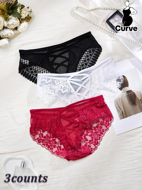 【Plus Size】  Floral Detail Contrast Mesh Lace Up Panty, Solid Color Sheer Fabric Knicker for All Seasons, Comfy Breathable Underwear for Women 1