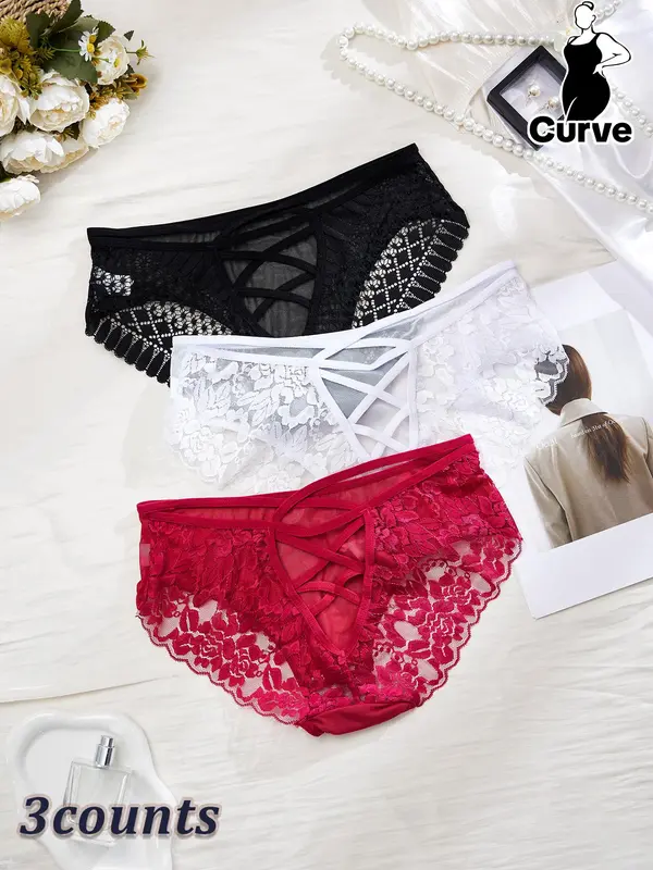 【Plus Size】  Floral Detail Contrast Mesh Lace Up Panty, Solid Color Sheer Fabric Knicker for All Seasons, Comfy Breathable Underwear for Women 0