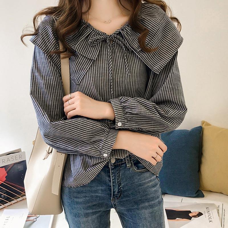 Product Introduction of Korean style Women Blouse baju wanita casual Long Sleeve Stripe shirt Tops Lady Clothing 15