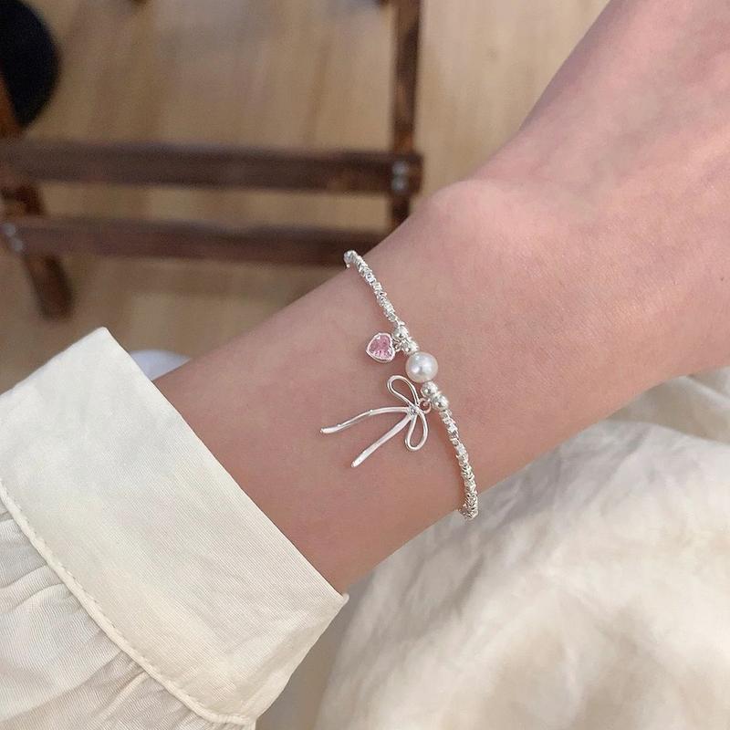 Product Introduction of S925 Loving Heart in Sterling Silver Zircon Bow Small Pieces of Silver Necklace Bracelet Set Ins Niche Temperament Clavicle Chain 15