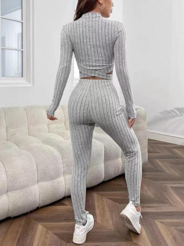 Two-Piece Set Women's Criss Cross Crop Top & Textured Pants Knit Co-ord Set, Basic Solid Top & High Waist Trousers Two-piece Set, Fashion Cozy-chic Lady Two Piece Outfits 2
