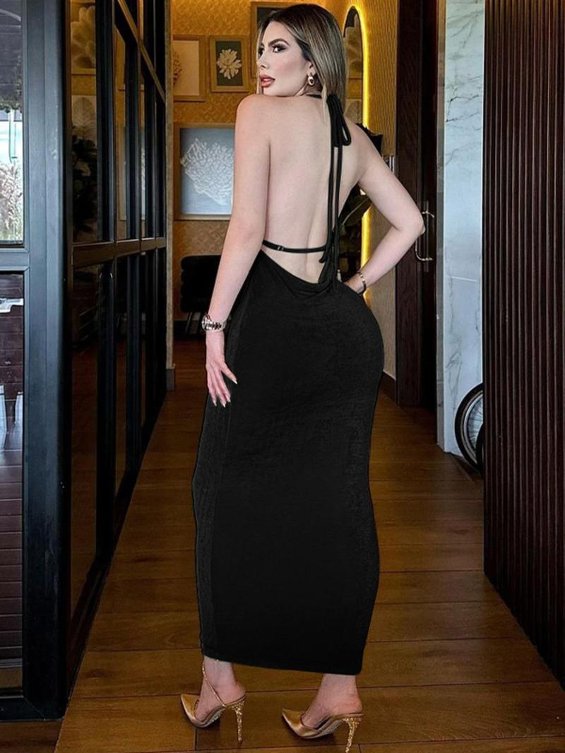 Product Introduction of Women's Solid Backless Halter Dress, Sexy Fashion Tie Back Evening Gown, Party Club Dating Holiday Long Dresses 2