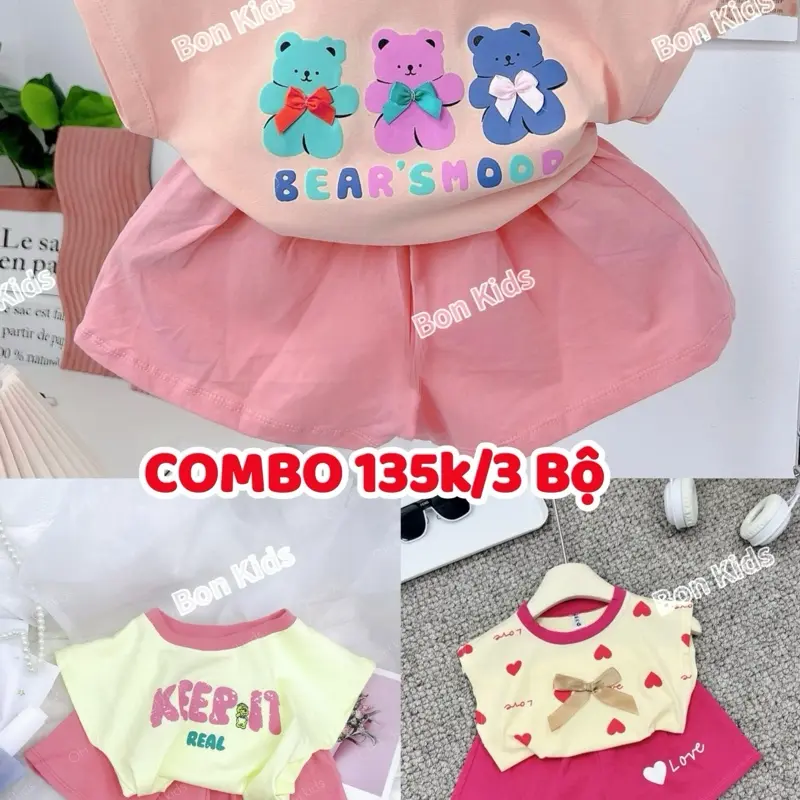 [5-18kg] Combo 3 bộ: Gấu Nơ, Keep It, Love Hồng - Chất Thun Cotton Siêu Dễ Thương Cho Bé Gái