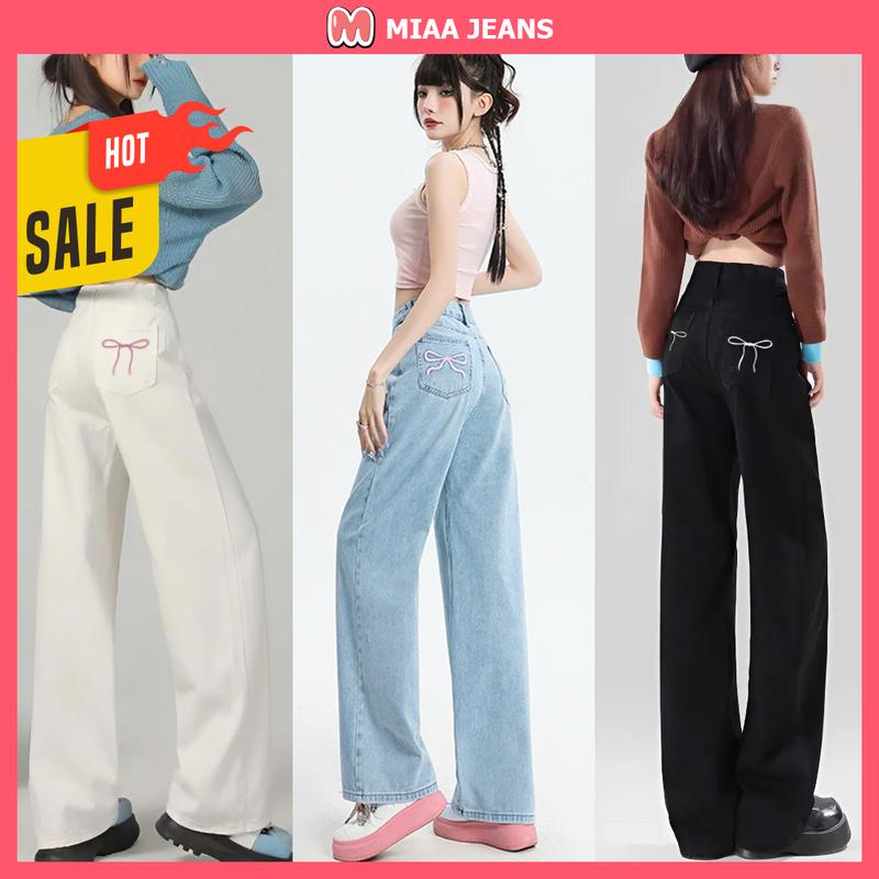 [MIAA] Quần Jeans, Kaki Nữ Ống Suông Cạp Cao Thêu Nơ Túi Sau - Chất Jeans và Kaki - Màu Xanh Nhạt, Đen, Trắng, Be  - [Mã Q03 J01]