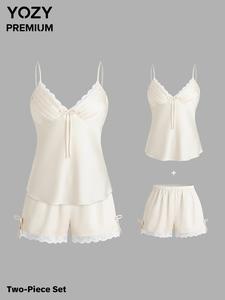 YOZY Women's Contrast Lace Cami Top & Shorts Satin Pajama Two-piece Set, Sexy Solid / Heart Print Spaghetti Strap Top & Shorts Pajama Set, Women's Sleepwear for Summer