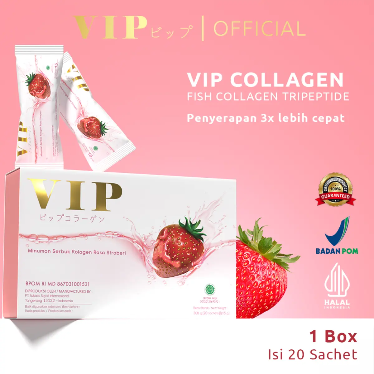 VIP Minuman Kolagen Premium 1 Box | Memudarkan Bekas Jerawat, Rambut Rontok, & Kuku Patah | Dengan fish collagen untuk mencerahkan | BPOM & HALAL