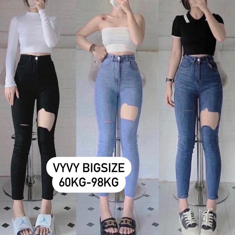 [Bigsize 60kg-98kg] Quần Jean Skinny Rách Đùi To Lai Cuốn Co Giãn Mạnh Nữ Women