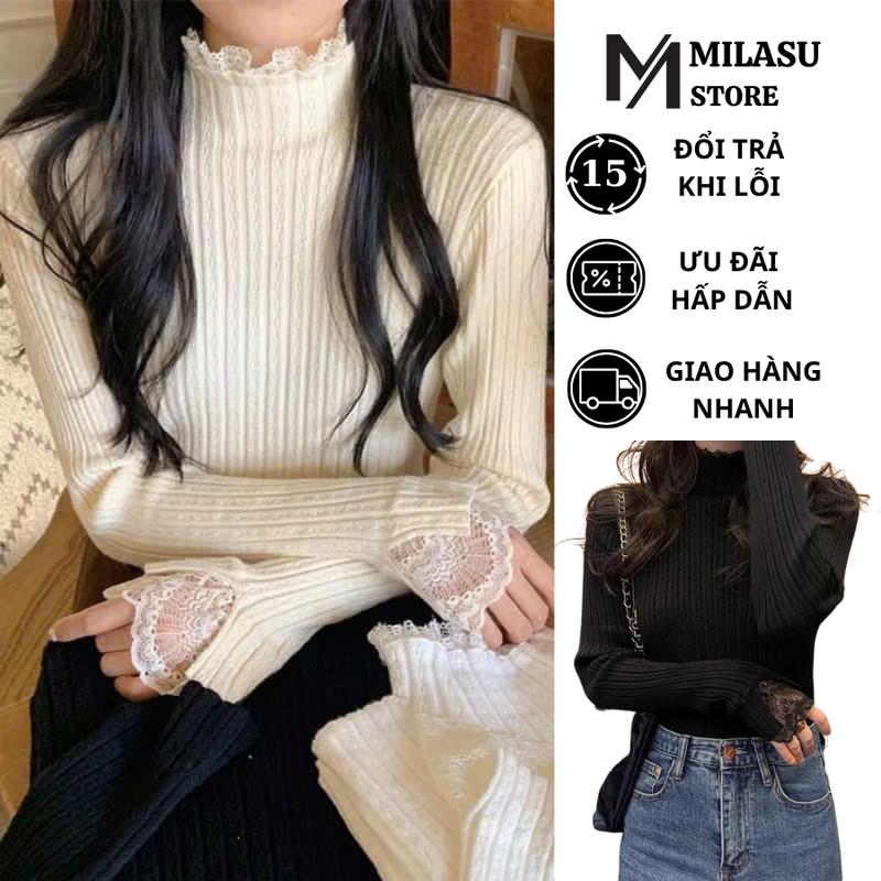  Áo len cổ cao phối ren MILASU áo len nữ dài tay co dãn thu đông 360 