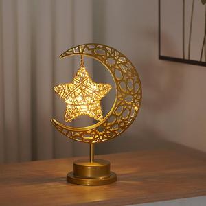 Star & Moon Design LED Table Lamp, USB Powered Handmade Iron Art Star & Moon LED Desk Lamp, Decorative Night Light for Bedroom, Office, Halloween, Christmas, Ramadan